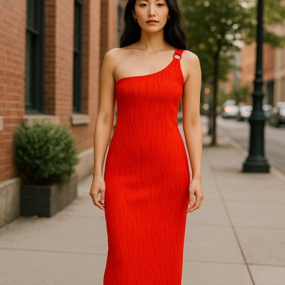Derek Heart Gown One Shoulder Sleek Bodycon Maxi Dress Wavy Geometric Medium - Picture 16 of 16